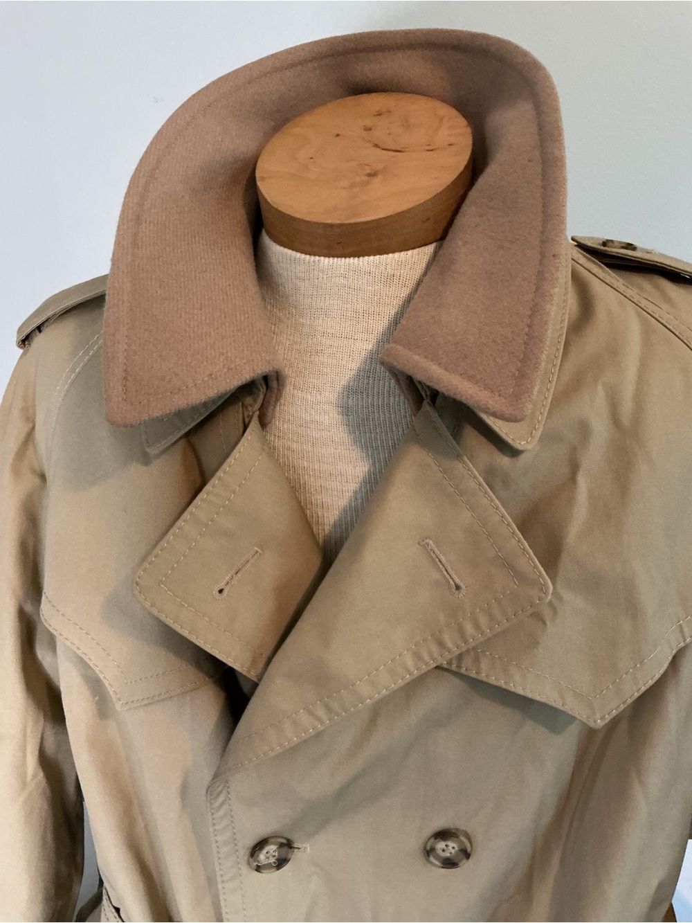 Men's Beige Trench Coat with Contrast Collar and Belt and Removable Lining.